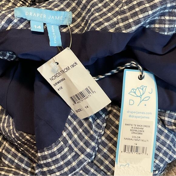 Draper James Martie Tie Back Dress in Navy Blue Gingham Seersucker Size 14 - Picture 7 of 7